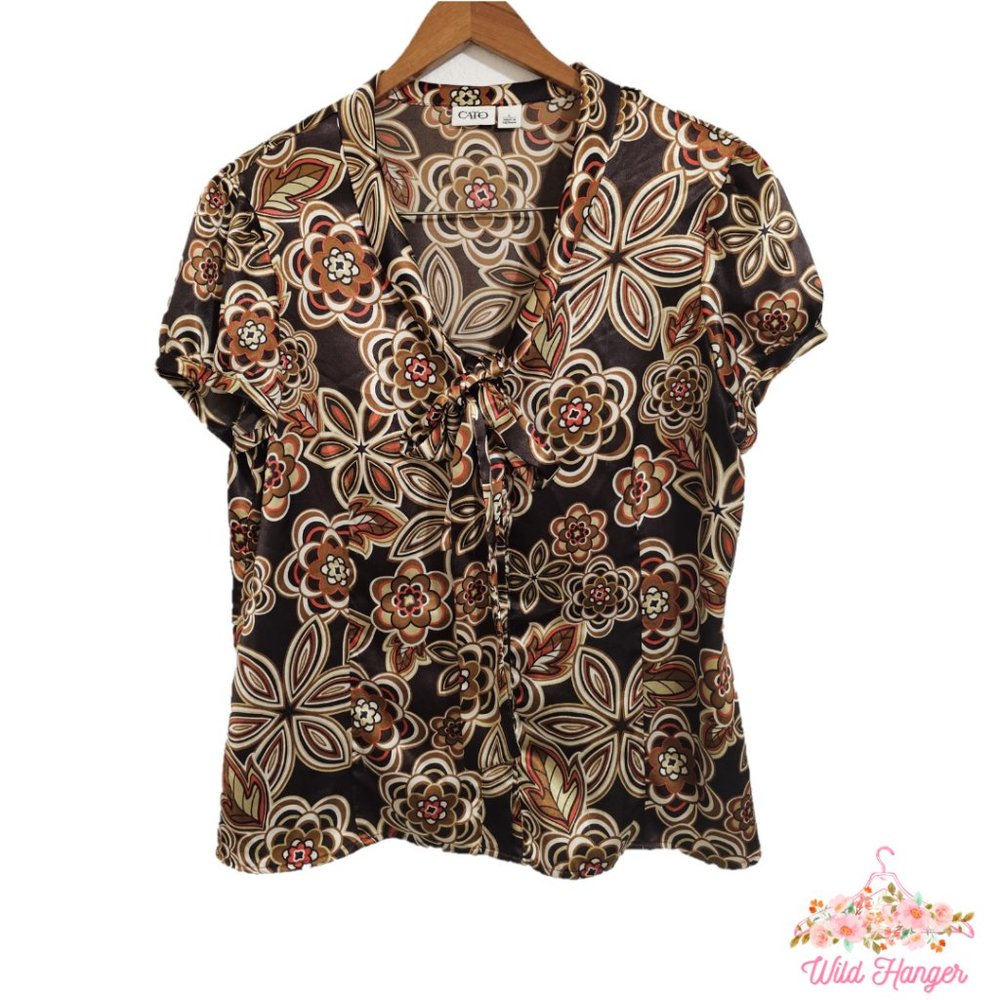 Women's Cato Paisley Short Sleeve Blouse w tie/bow LARGE